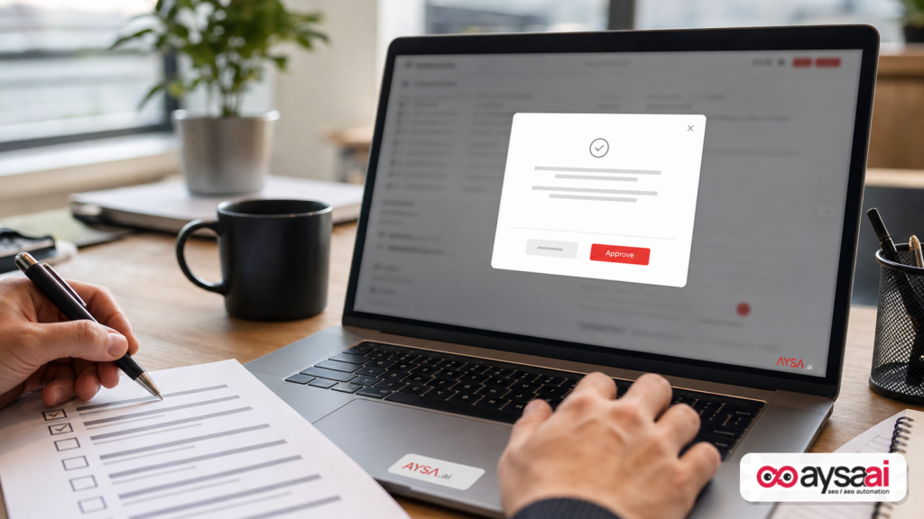 Hands approving a marketing execution checklist on a laptop next to a printed plan.