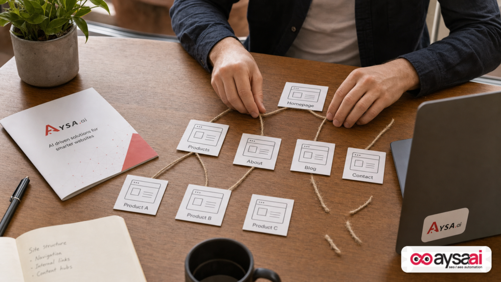 Hands arranging a simple network of page cards and strings to illustrate internal link decay.