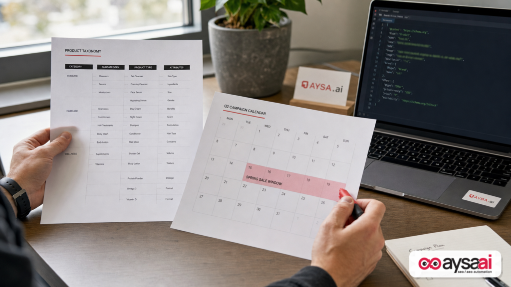 Hands comparing a product taxonomy sheet and a sale calendar next to a laptop with blurred schema markup.