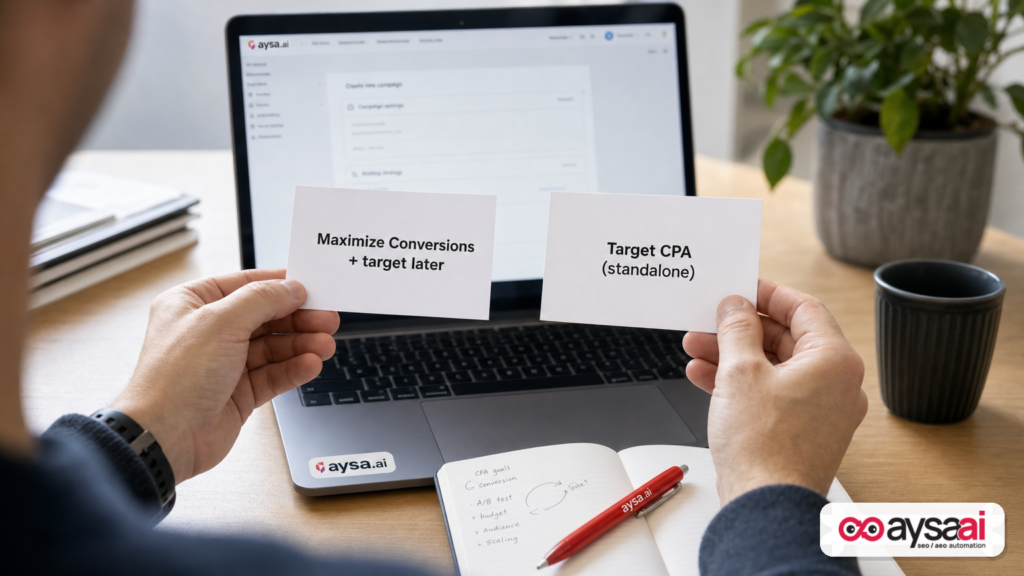 Hands comparing two bidding setup options: maximize conversions with a target later vs standalone target CPA.