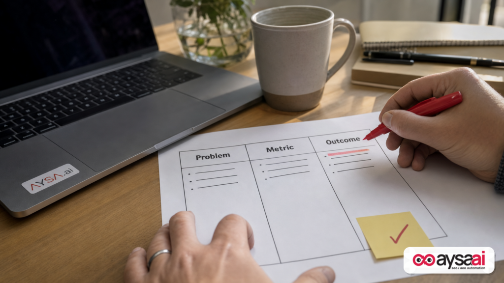 Hands mapping an AI tool’s promised features to business outcomes on a worksheet.