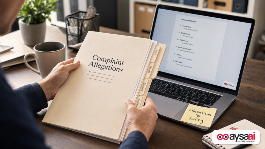Hands organizing a legal folder labeled complaint allegations next to a laptop, emphasizing that allegations are not court rulings.