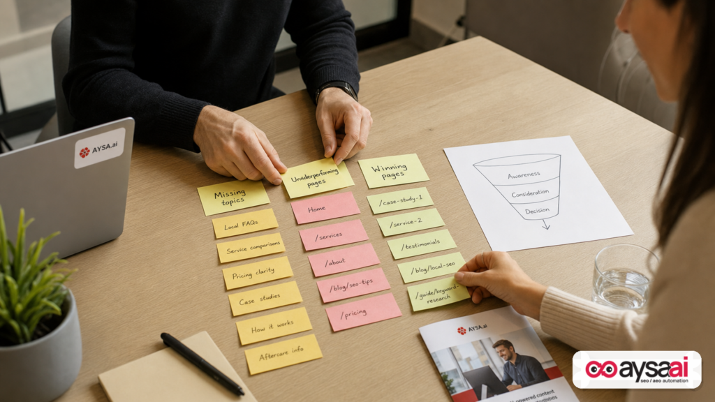 Hands organizing content topics into missing, underperforming, and winning groups on a desk