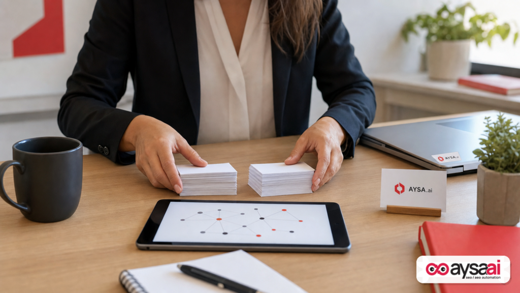 Hands organizing information into pages versus evidence to illustrate how AI search relies on confidence signals.