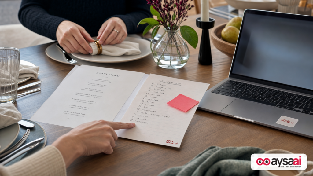 Hands planning a dinner party with a checklist and laptop, illustrating search-to-action workflows.