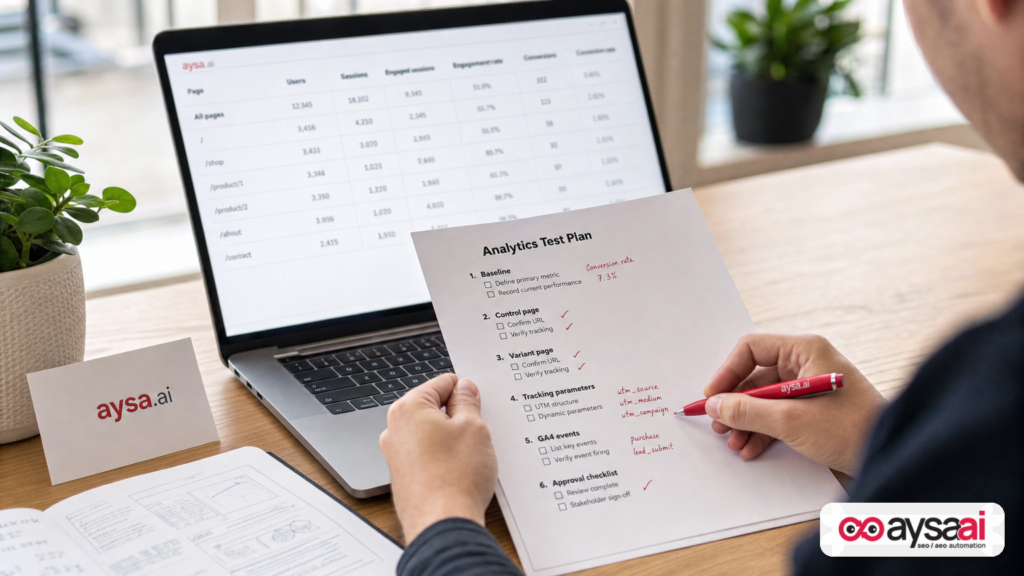 Hands preparing a test and measurement plan for AI search performance.