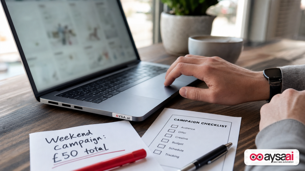 Hands preparing to launch a small paid campaign with a budget brief and checklist beside a laptop.