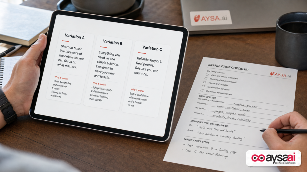 Hands reviewing multiple AI-generated ad copy variations next to a brand voice checklist.