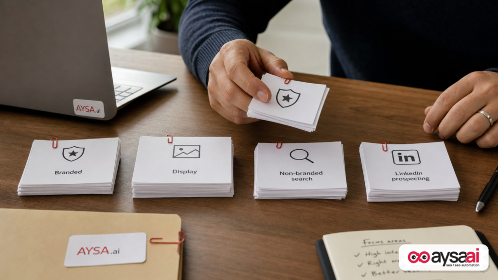 Hands sorting campaign type cards to show why blended CPC comparisons can be misleading.