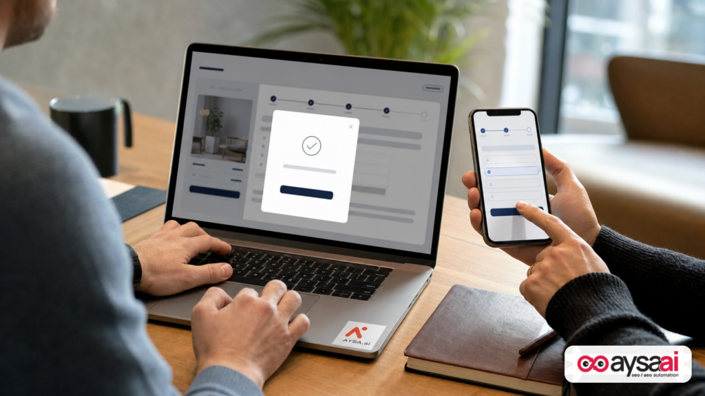 Hands testing an online checkout and form completion flow on laptop and smartphone to find friction points for AI agents.