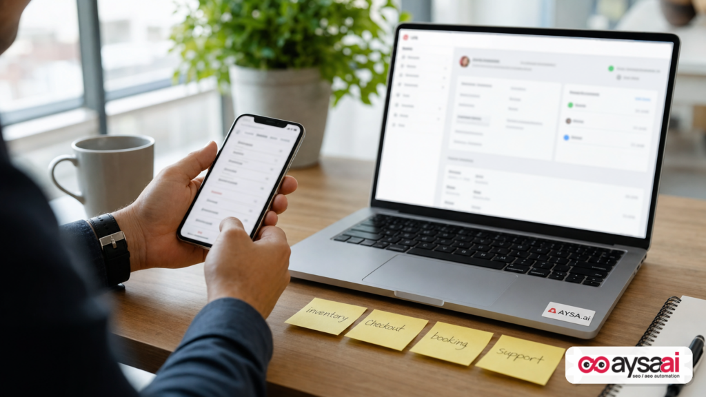 Hands using a phone and laptop with notes about inventory, checkout, and booking to represent agent-friendly website actions.