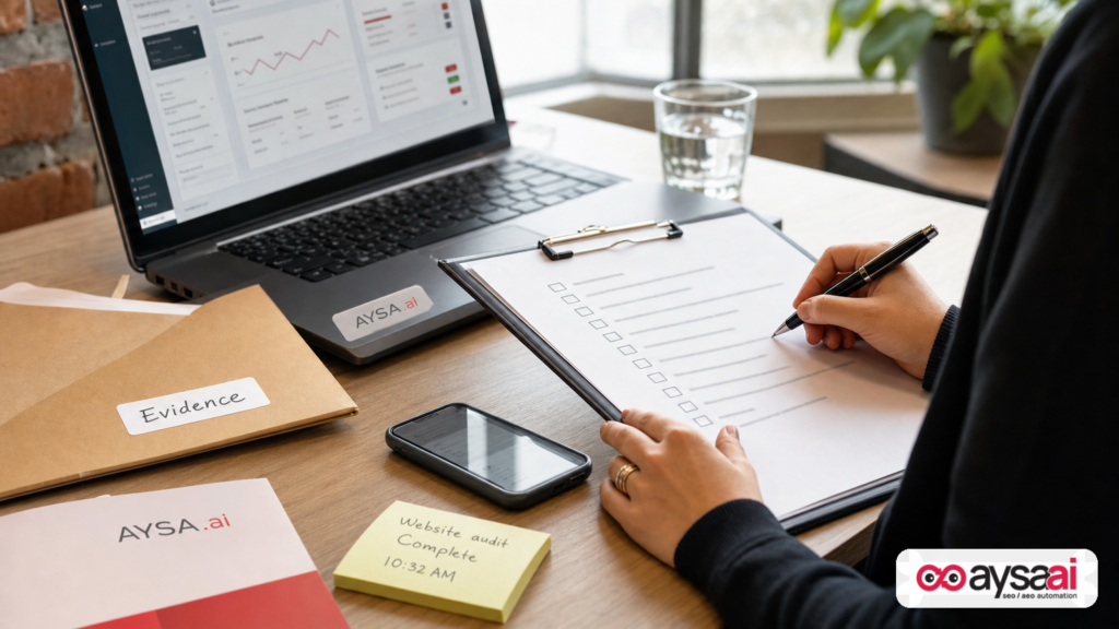 Hands working through a verification checklist next to a laptop and phone.