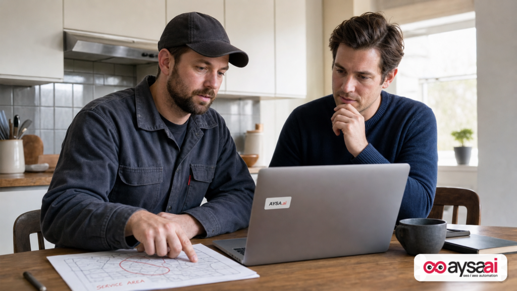 Home-service business owner discussing service area and address settings with a marketer at a table.