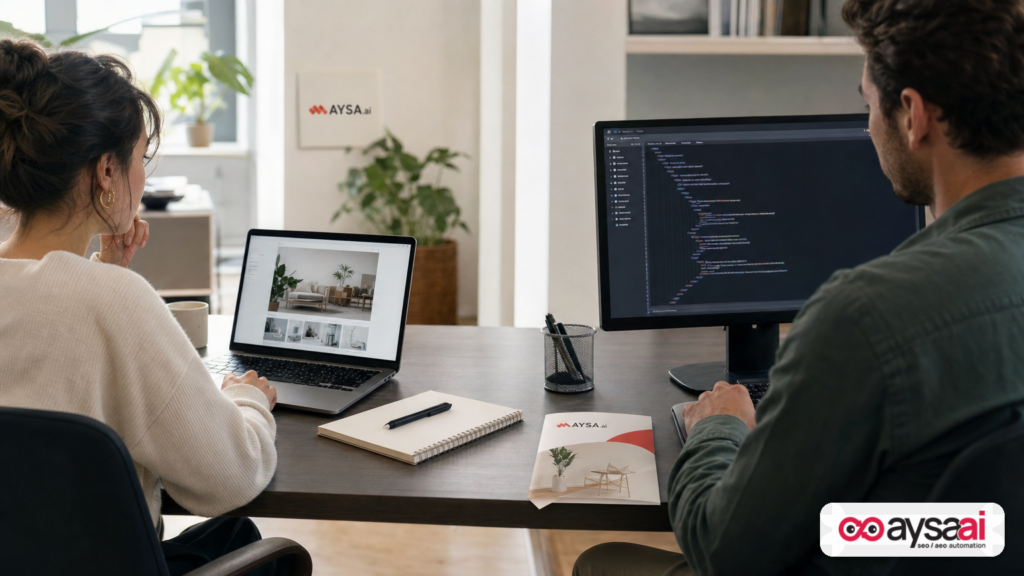 Human browsing a site next to a developer reviewing page HTML to represent machine readability.