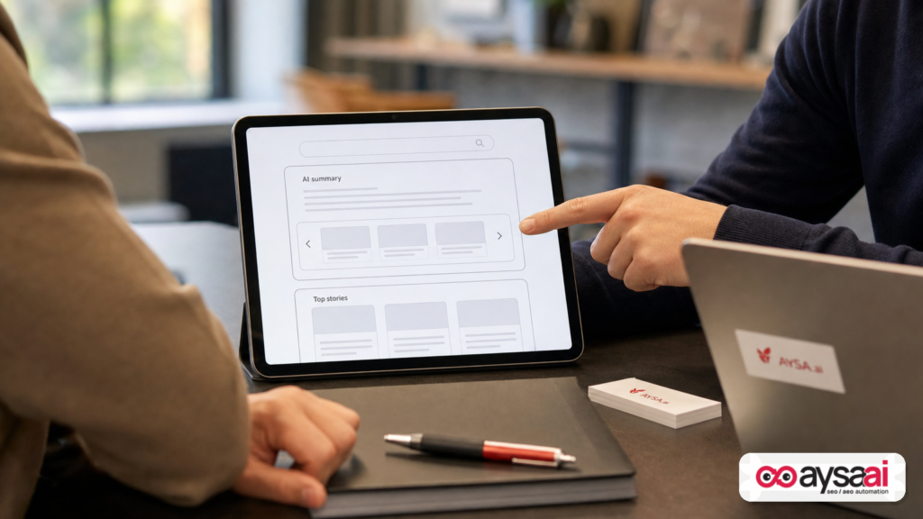 Illustrated mock of a search page showing Top Stories placed inside an AI summary box.