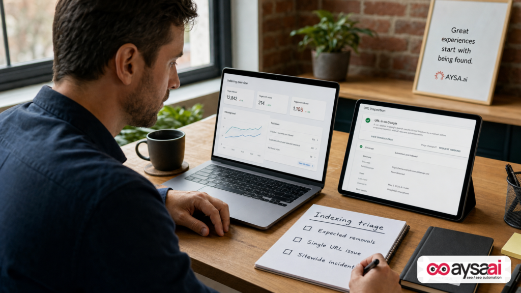 Indexing triage checklist separating expected removals, single-URL issues, and sitewide incidents.