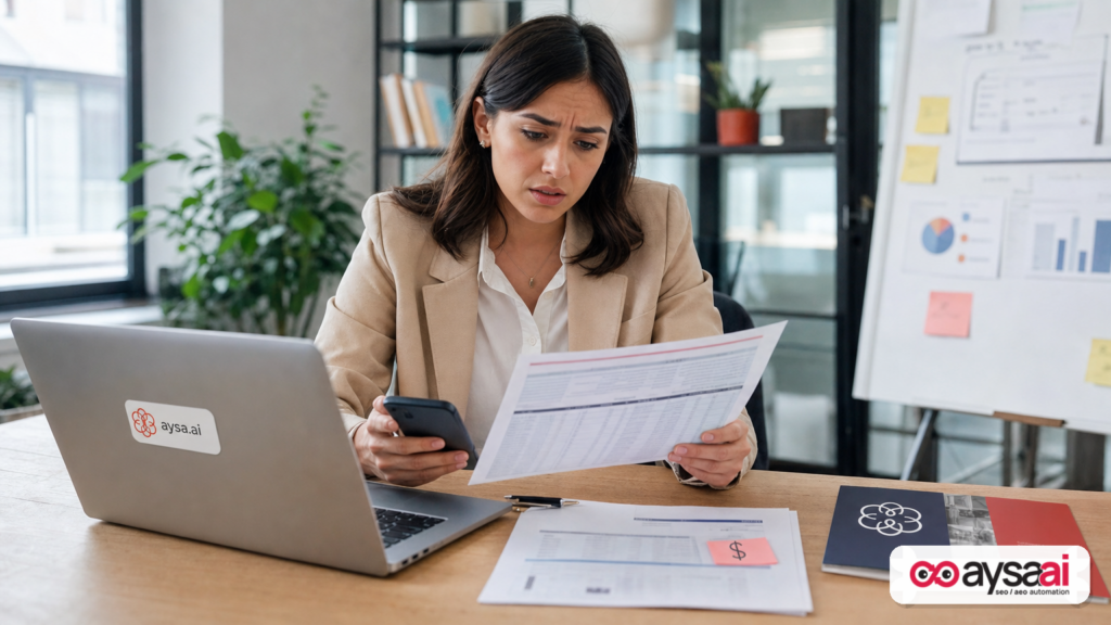Junior marketer reviewing a placement approval and invoice, illustrating the risks of paid mention schemes.