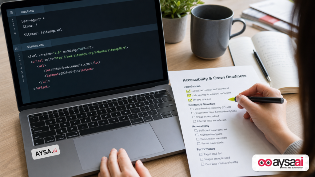 Laptop and checklist showing basic crawl and sitemap readiness for AI discovery.
