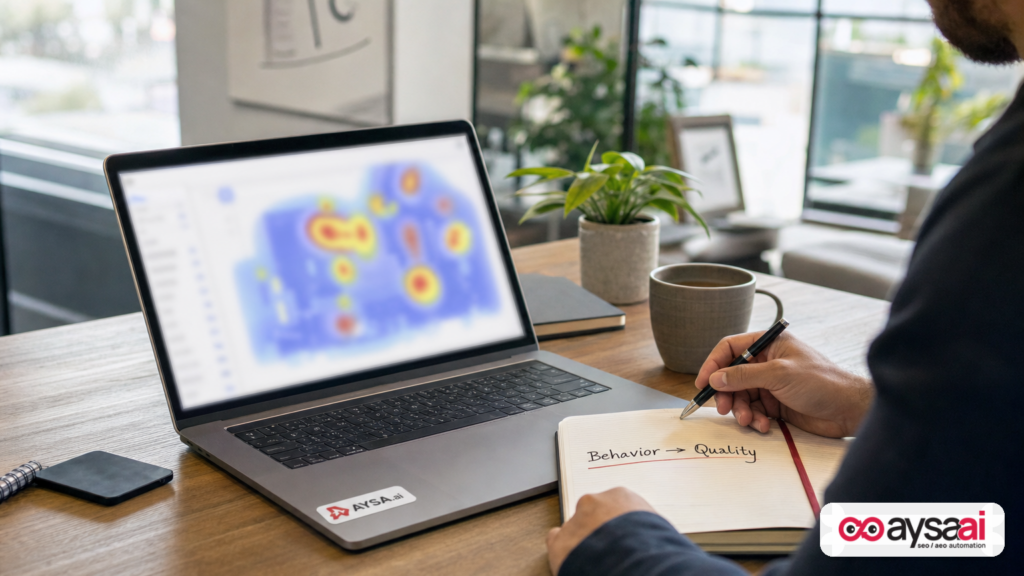 Laptop displaying a generic heatmap-style view while a marketer notes behavioral quality signals.