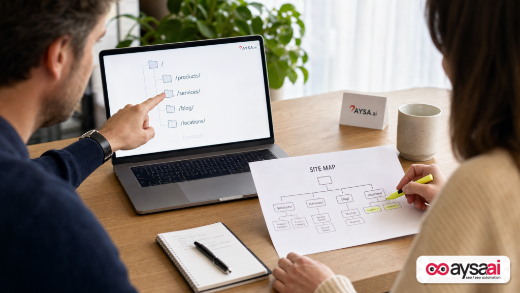 Laptop displaying a simplified website folder structure used to prioritize SEO fixes by section.