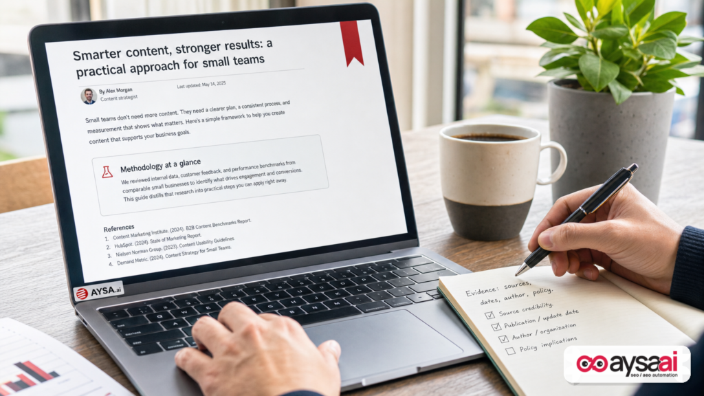 Laptop displaying an article layout with byline, updated date, and references next to an evidence checklist.
