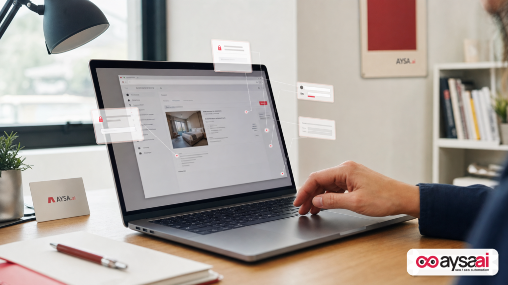 Laptop showing a generic webpage with subtle highlights suggesting hidden elements that could mislead an AI agent.