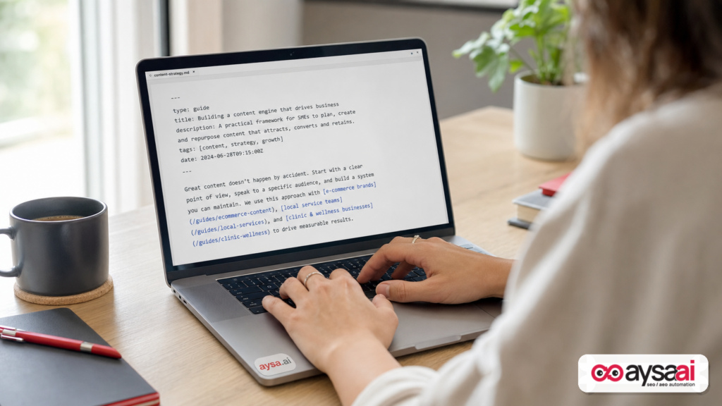 Laptop showing a markdown document with YAML frontmatter and links between concepts.