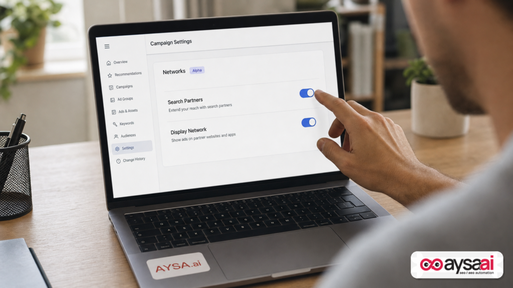 Laptop showing generic campaign settings with toggles for Search Partners and Display Network labeled Alpha.