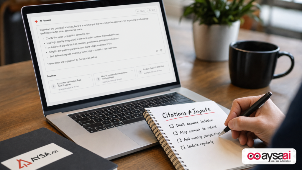 Laptop with a generic AI answer interface and a checklist noting that citations are not the same as inputs.