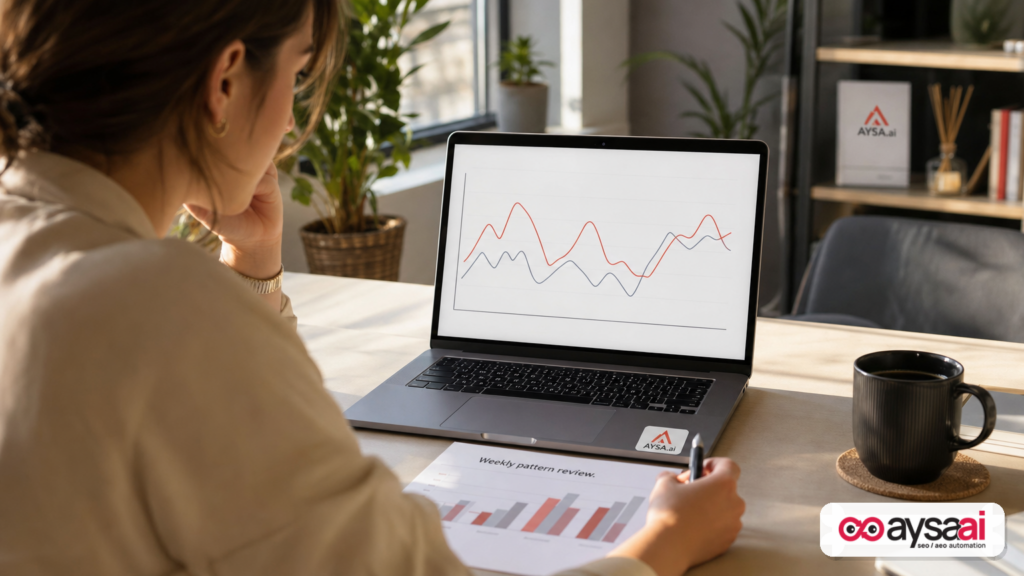 Laptop with a generic trend chart and a weekly pattern review note on a desk.