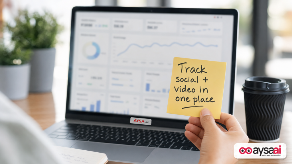 Laptop with generic analytics view and a sticky note about tracking social and video performance in one place