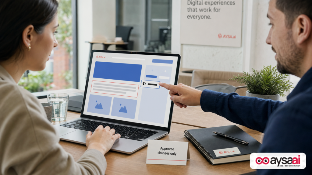 Marketer and accessibility specialist reviewing a webpage with simplified accessibility highlights during QA.
