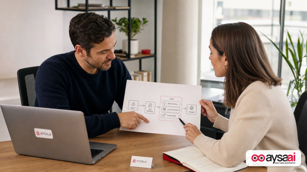 Marketer and developer reviewing a simple diagram of an AI agent calling website tools via a manifest.
