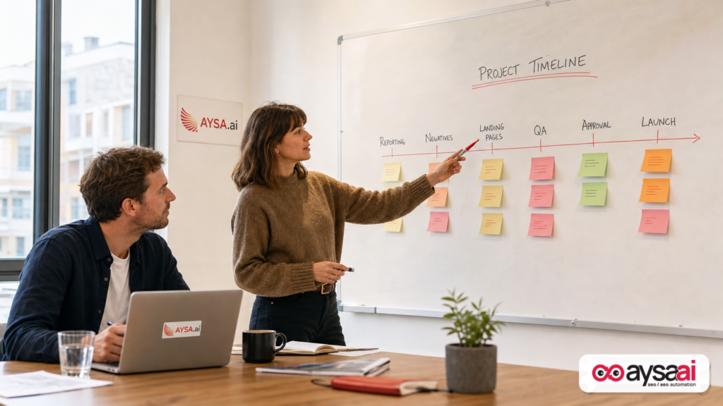 Marketer and founder planning a campaign migration timeline on a whiteboard.