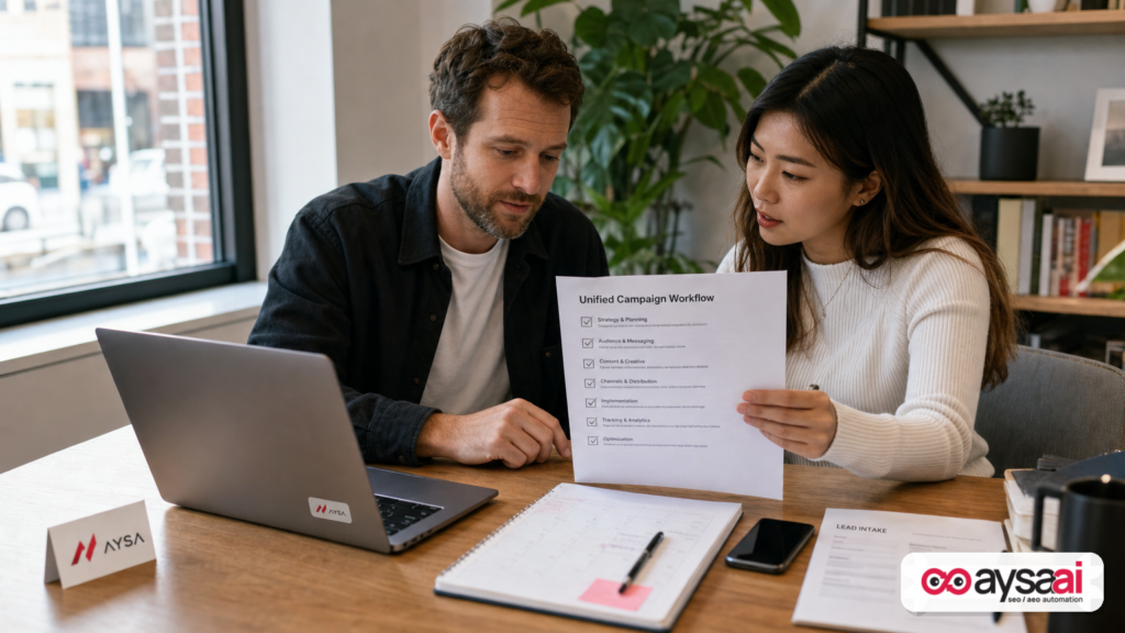 Marketer and local business owner reviewing a unified campaign workflow checklist at a desk.