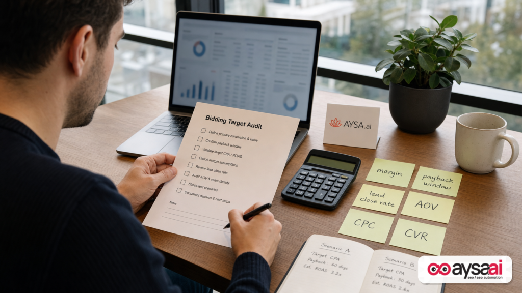Marketer auditing target ROAS and CPA inputs like margin, conversion rate, and payback window