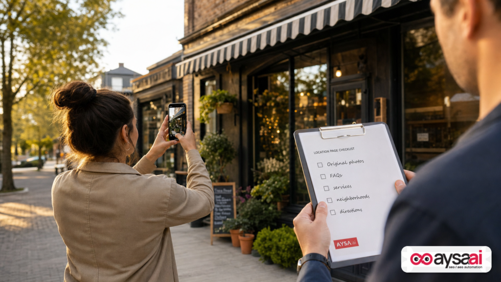 Marketer capturing original location photos to improve a local landing page.