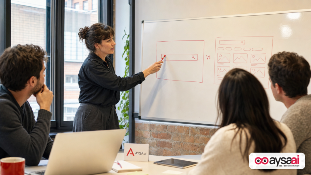 Marketer comparing a classic search box layout vs a new browseable image gallery concept on a whiteboard.