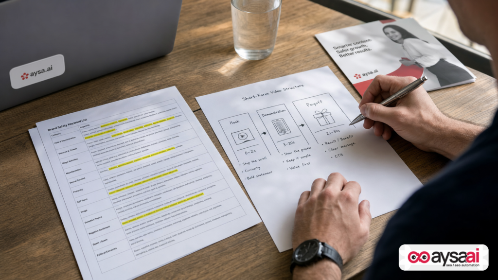 Marketer comparing a long brand safety exclusion list with a hook-first video structure plan.