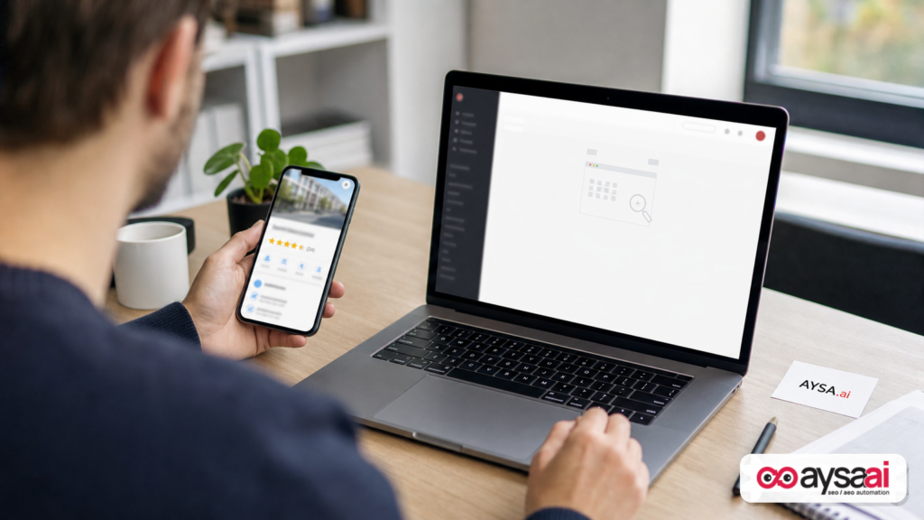Marketer comparing a public business listing on a phone with a management dashboard on a laptop.