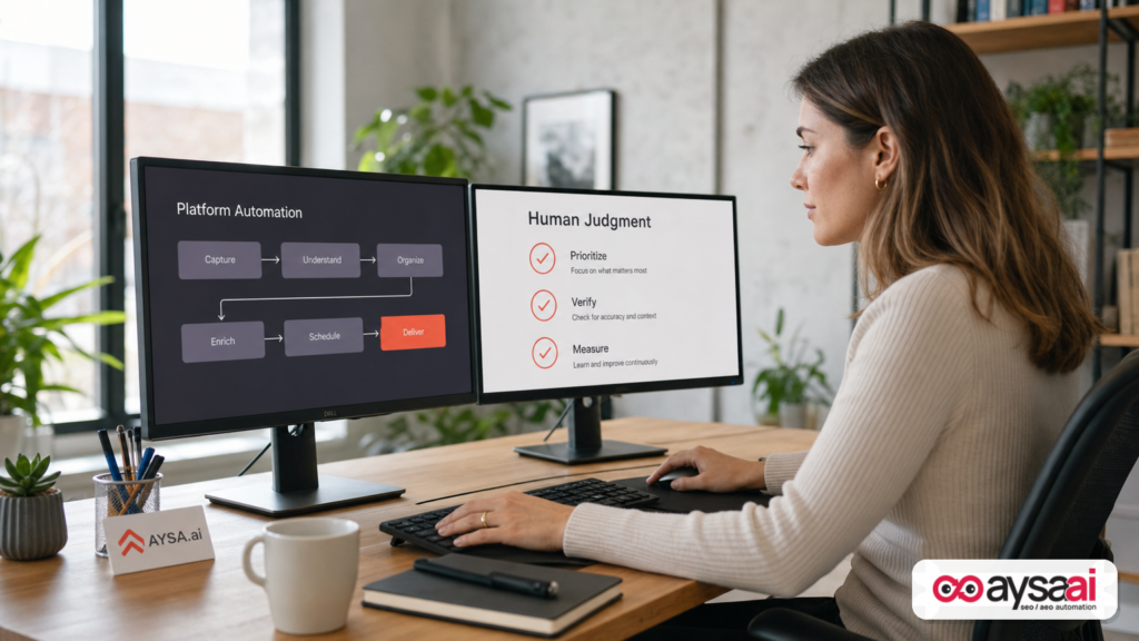 Marketer comparing automated platform tasks with human judgment tasks.