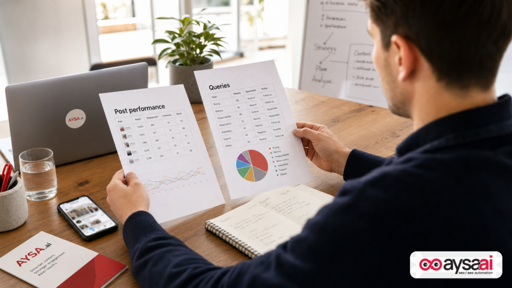 Marketer comparing printed post performance and query sheets to understand which content drives search traffic.