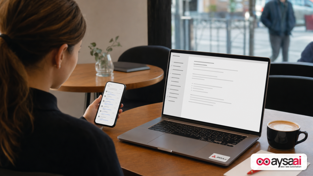 Marketer comparing search results on a phone with content on a laptop, illustrating how search pages now answer more questions without clicks.