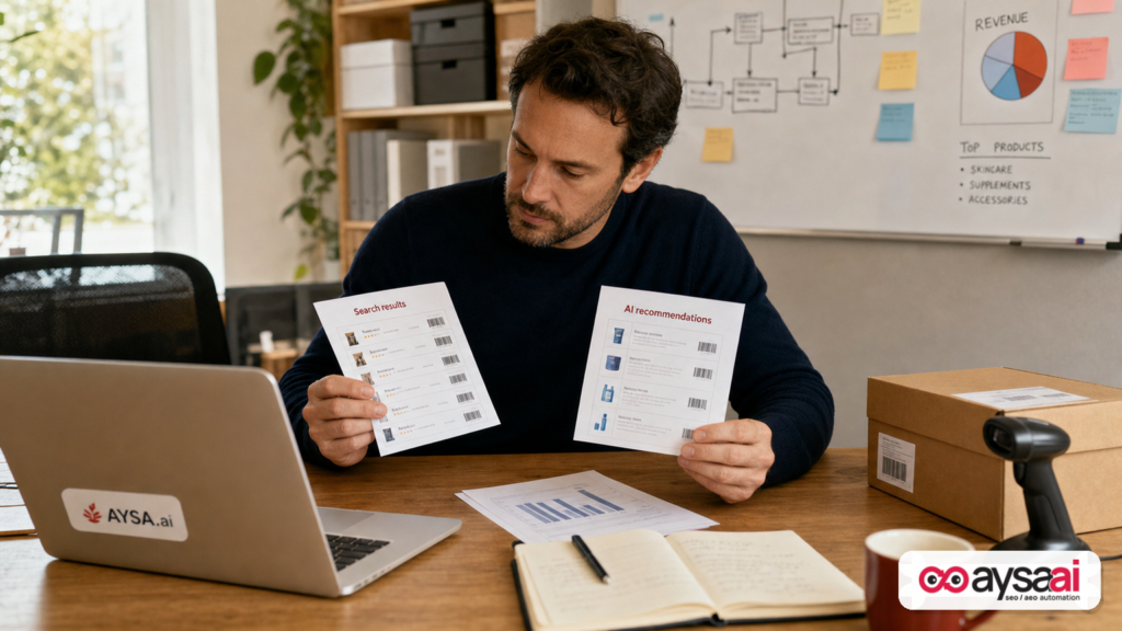 Marketer comparing traditional search results and AI recommendations workflows using product attribute data.