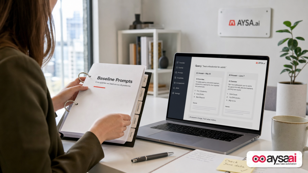 Marketer comparing two dated AI answer snapshots next to a baseline prompt binder.