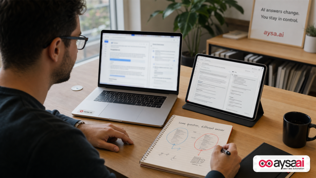Marketer comparing two different AI answers to the same question to illustrate variability.