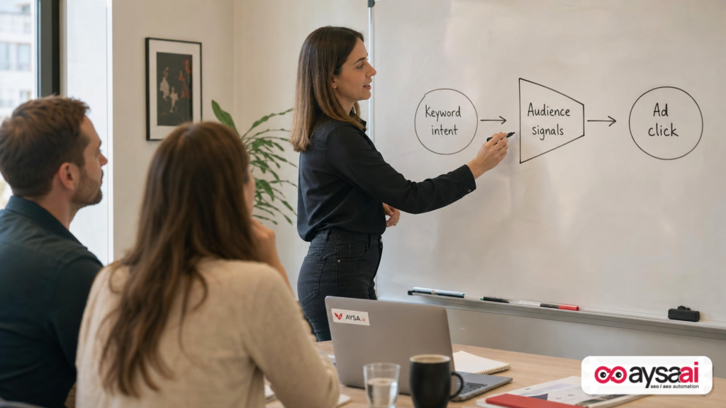 Marketer diagramming how audience signals can act as a filter before ad clicks.