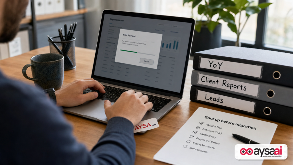 Marketer downloads historical reports and organizes files before the Local Services Ads dashboard closes.