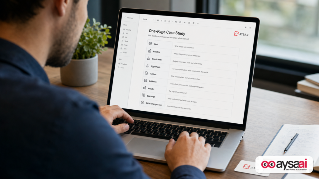 Marketer drafting a structured case study checklist on a laptop.