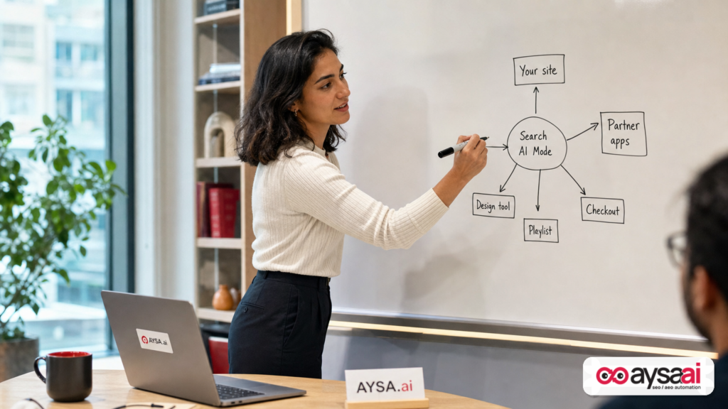 Marketer drawing a diagram showing Search AI Mode connecting to websites and partner apps.